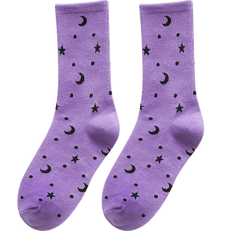 ins网红紫色袜子女春季纯棉女士中筒筒袜星星中筒袜