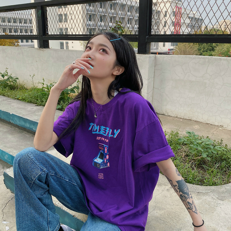 FPMZ国潮牌游戏机紫色短袖T恤男女情侣装宽松ins嘻哈字母印花百搭