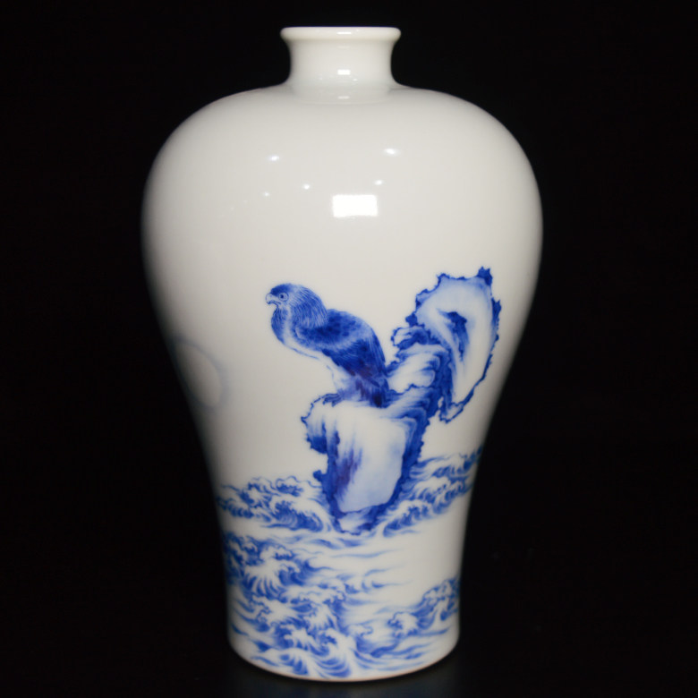 景德镇高仿王步梅瓶柴窑青花墨鹰渡海海图纹海水纹花瓶