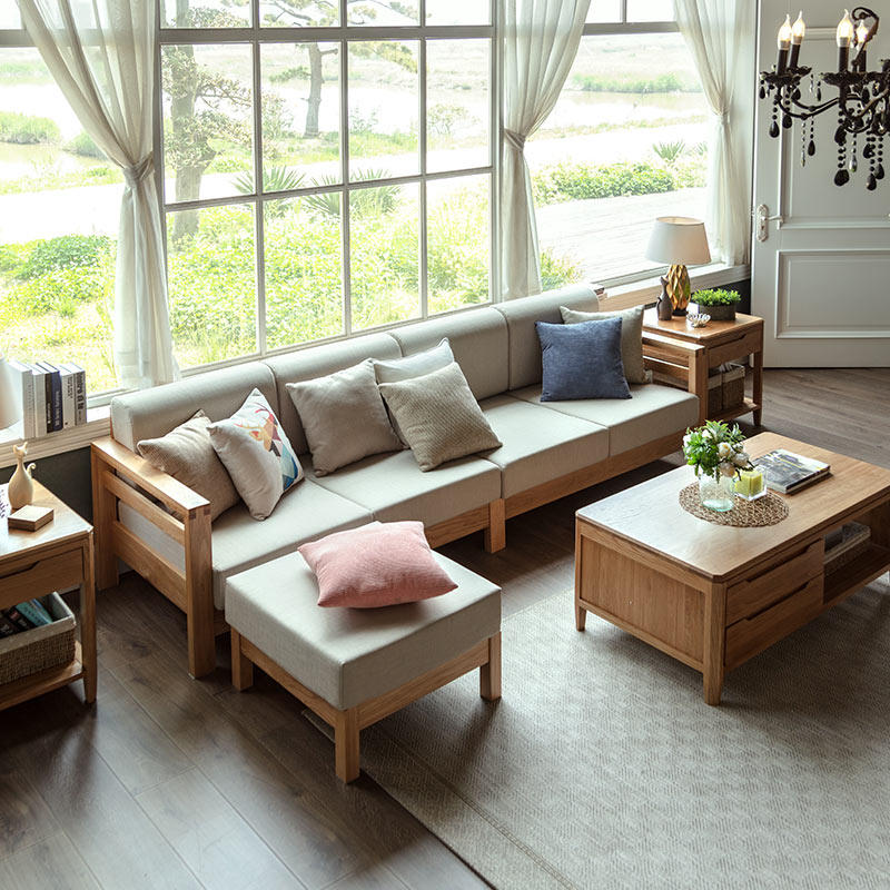治木工坊全实木四人位转角沙发橡木34米贵妃沙发北欧客厅家具q