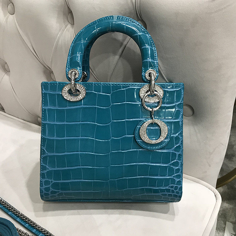 定制钻扣鳄鱼纹戴妃包3格女包牛皮包包手提单肩网红同款亮皮漆皮