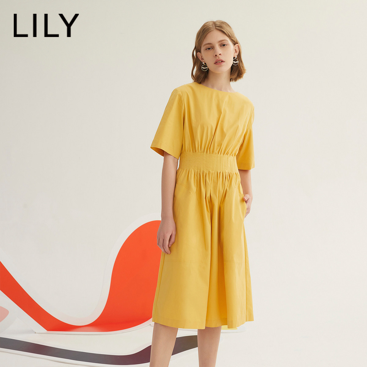 lily春秋新款女装气质收腰显瘦短袖长款连衣裙连衣裙