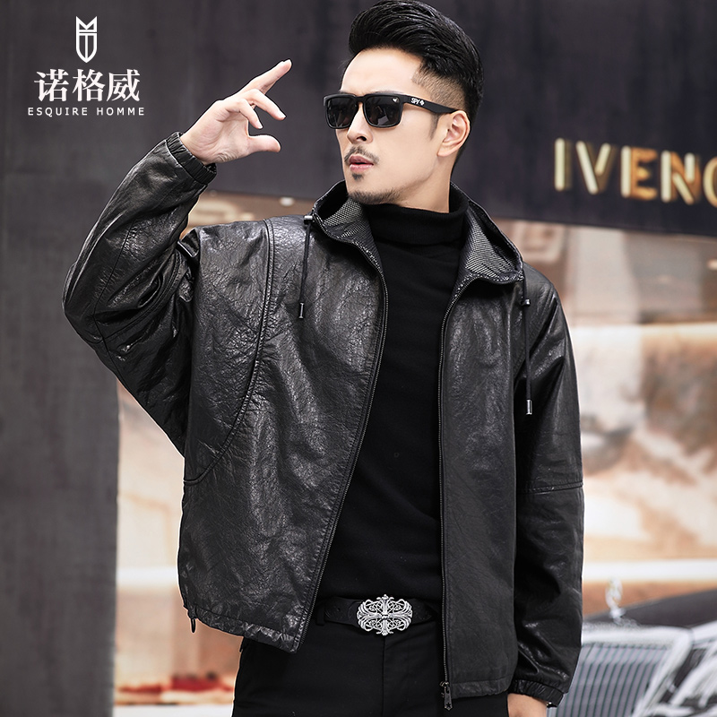 真皮皮衣男连帽落肩蝙蝠袖宽松阔版休闲外套短款休闲头层牛皮夹克