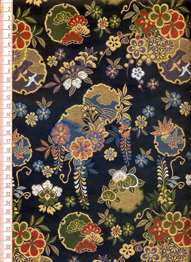 日本进口 和风布料 西阵织 织锦缎 金襕织物 雪轮に藤(黒)