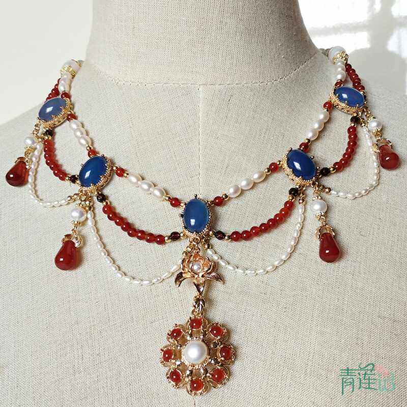 青莲飞天原创汉服配饰唐风淡水珍珠多层璎珞项链