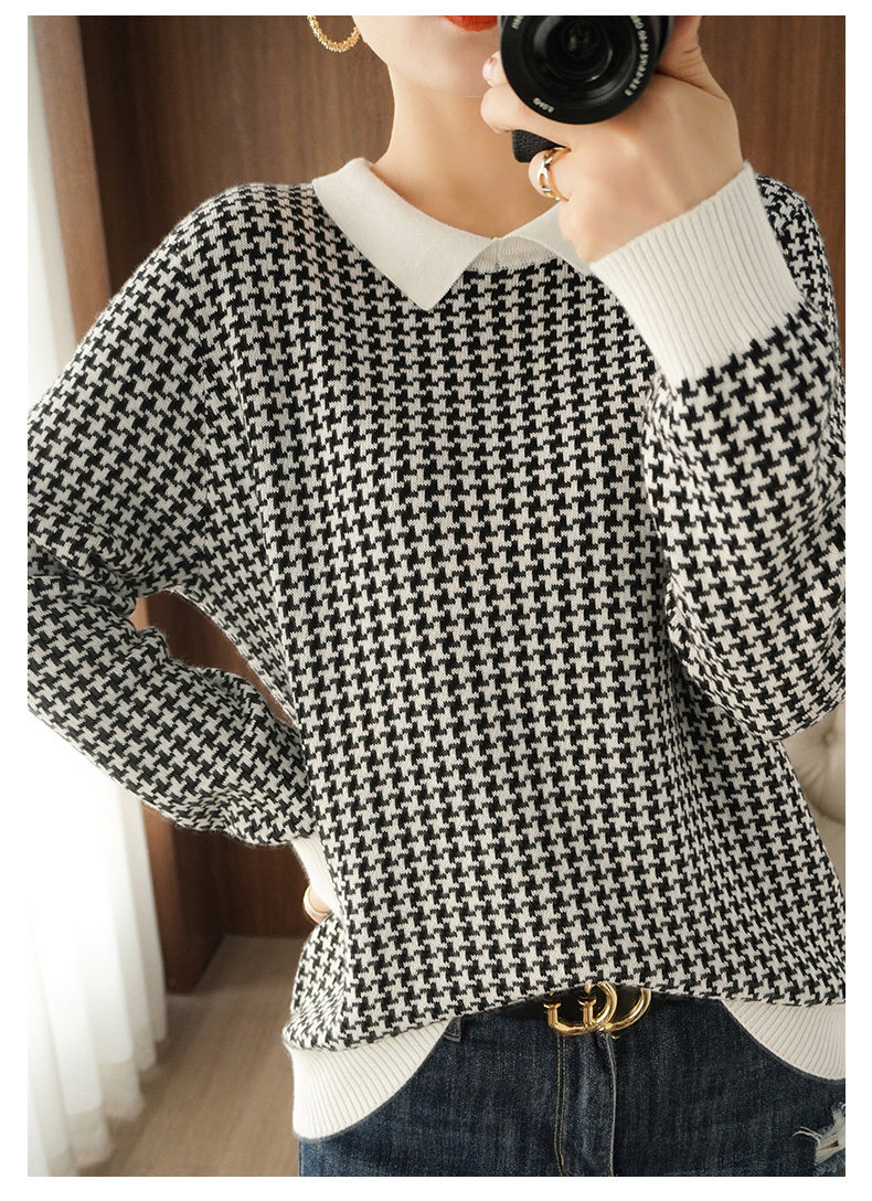 2021春季新款100纯棉针织衫千鸟格长袖套头毛衣毛针织衫