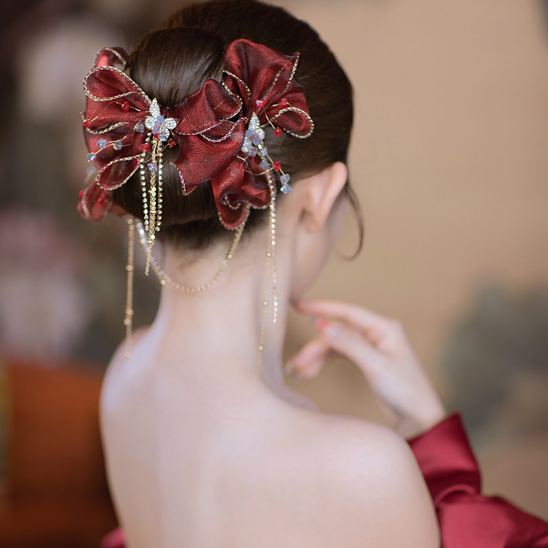 民族风头饰中式复古红色蝴蝶结发夹森系仙美流苏发饰