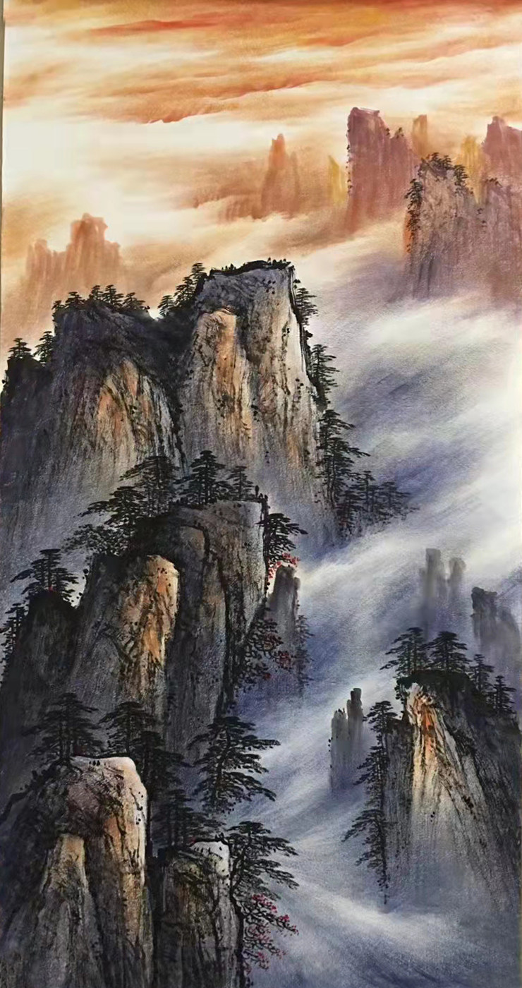 山水画山水竖幅四尺客厅手绘玄关书画作品国画云海国画
