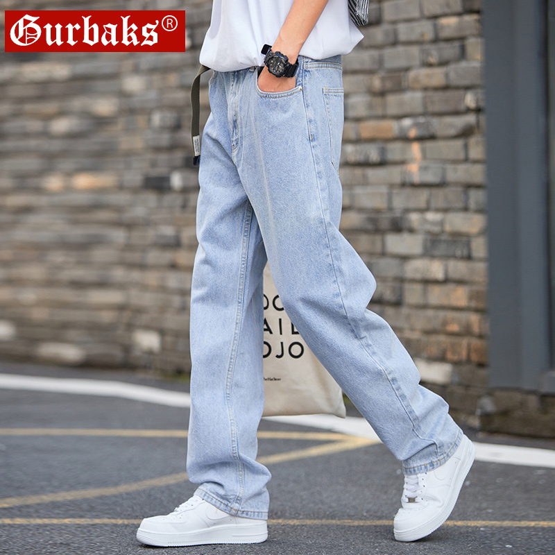 夏季牛仔裤男士宽松直筒休闲浅蓝色水洗ins痞帅潮牌潮流韩版裤子