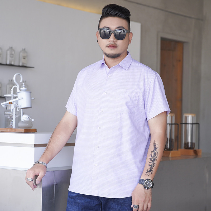 宽松加大短袖格子衬衫男士商务务正衬衣夏季衬衫