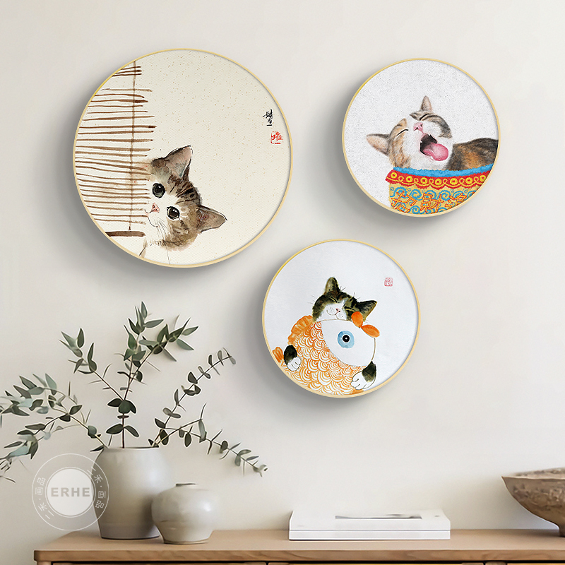 喵星人日式原木风猫咪装饰画温馨圆形客厅挂画北欧现代装饰画