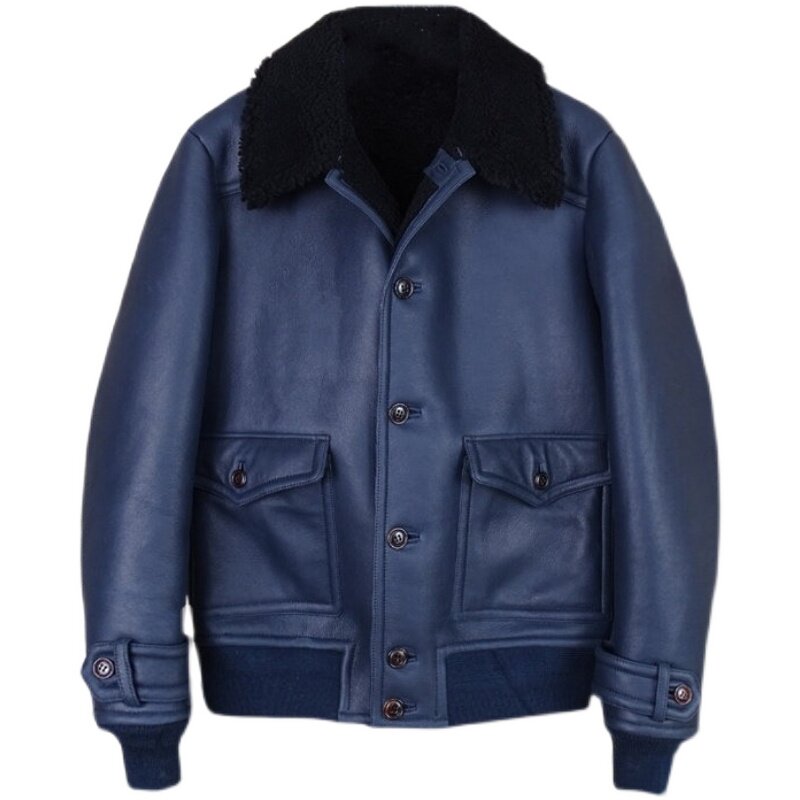 a2商务修身保暖时装深蓝色皮衣扣子真皮一体皮衣