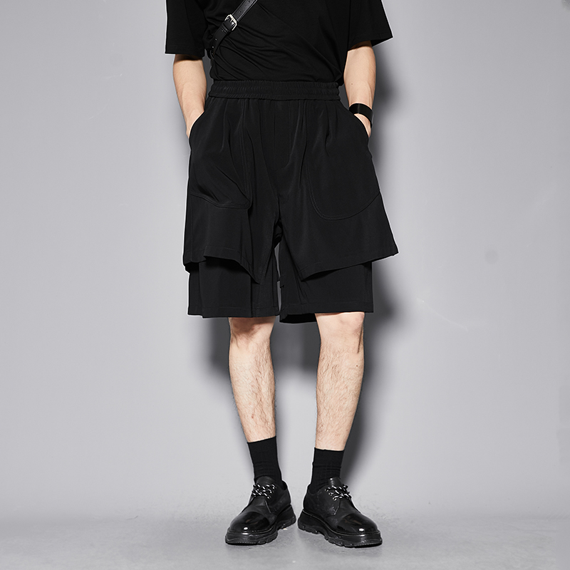剪裁款山本风日系腔调松紧腰休闲时尚暗黑系假两件哈伦男潮流短裤