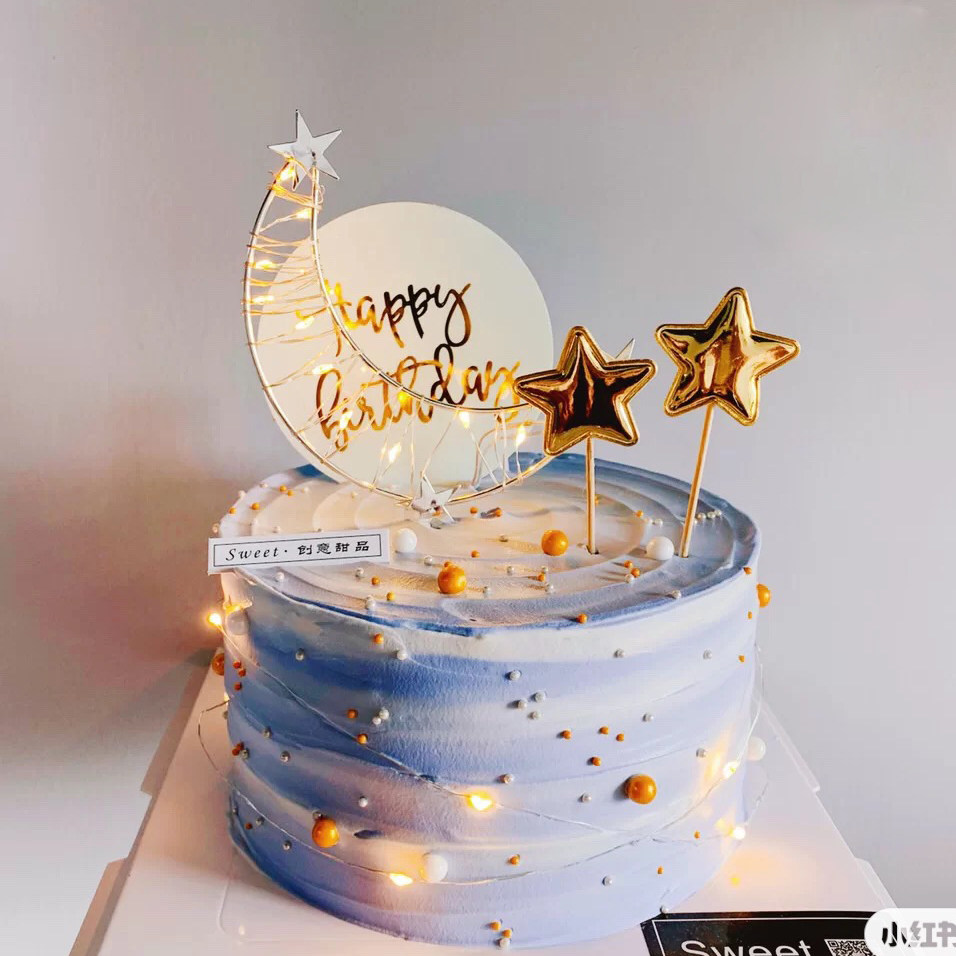 月亮装饰铁艺蛋糕插牌带灯星星生日蛋糕摆件星月节日装扮用品