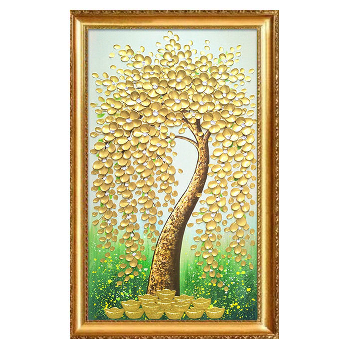 进门钱树金钱树挂画手绘客厅玄关油画竖版发财树油画
