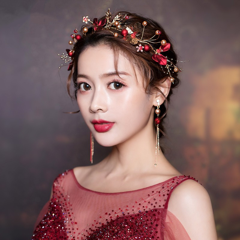 新娘头饰2020年新款中式结婚红色发饰韩式敬酒发饰