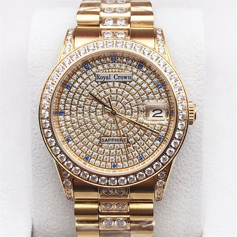 royalcrown萝亚克朗手表男士满天星镶钻钢带商务国产腕表