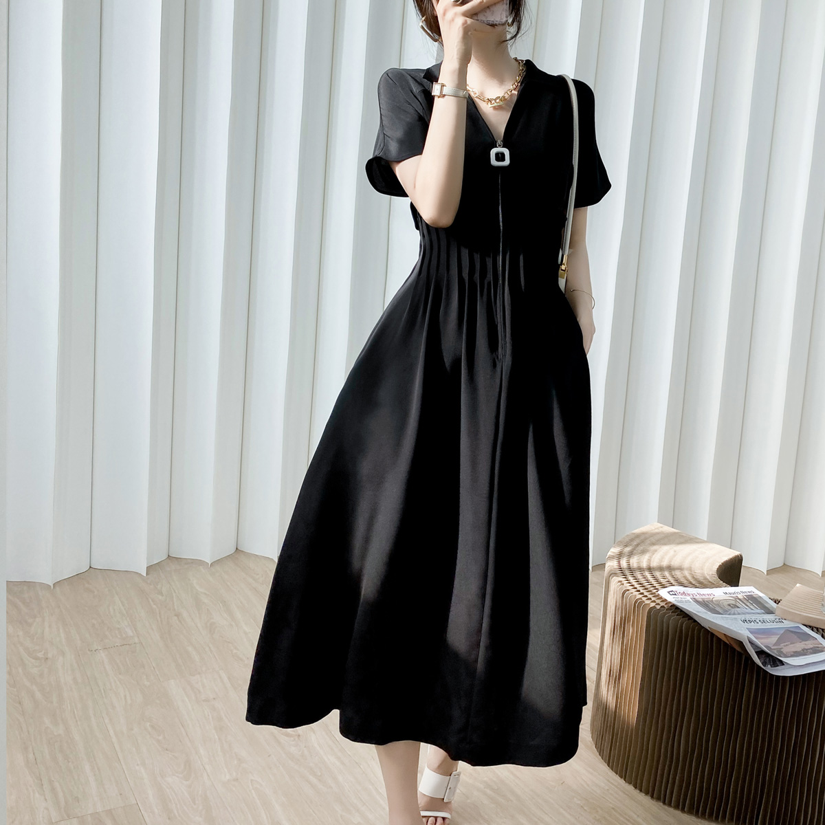 my赫本黑色收腰显瘦醋酸缎面长裙连衣裙淑女连衣裙