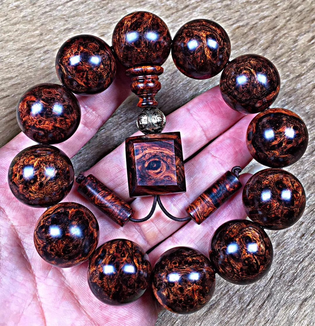 手链对眼鬼脸佛珠收藏黄佛珠瘤疤海爆满手串黄花梨佛珠