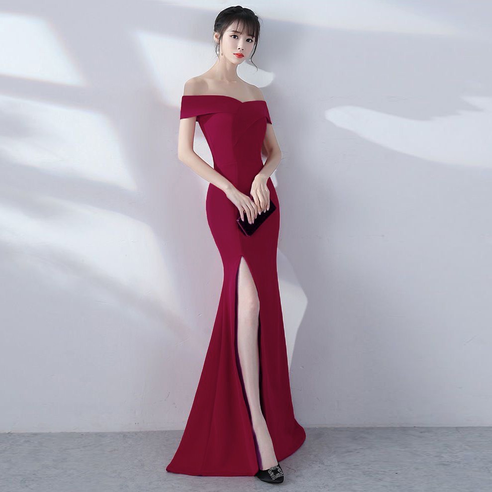 高级质感黑色一字抹胸开叉长款晚礼服宴会性感连衣裙