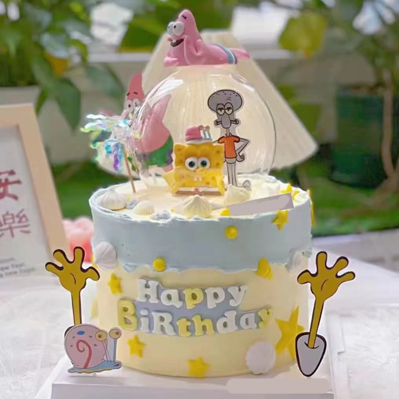 海绵宝宝蛋糕装饰摆件派大星老大章鱼哥儿童情景创意节日装扮用品