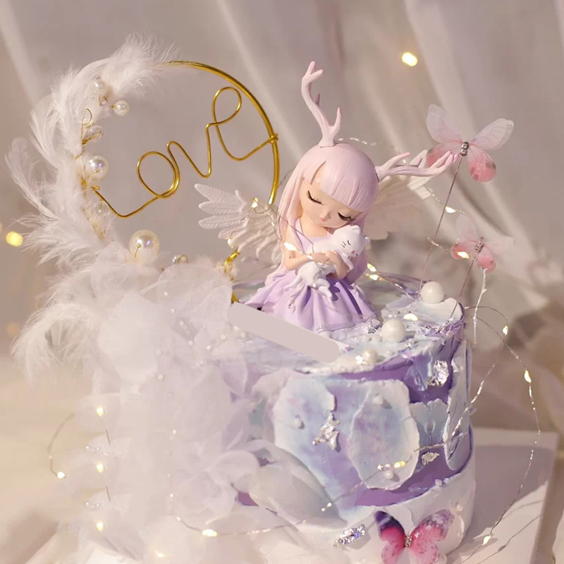 梦幻少女幽境之鹿唯美小鹿抱猫小女孩生日蛋糕装饰节日装扮用品
