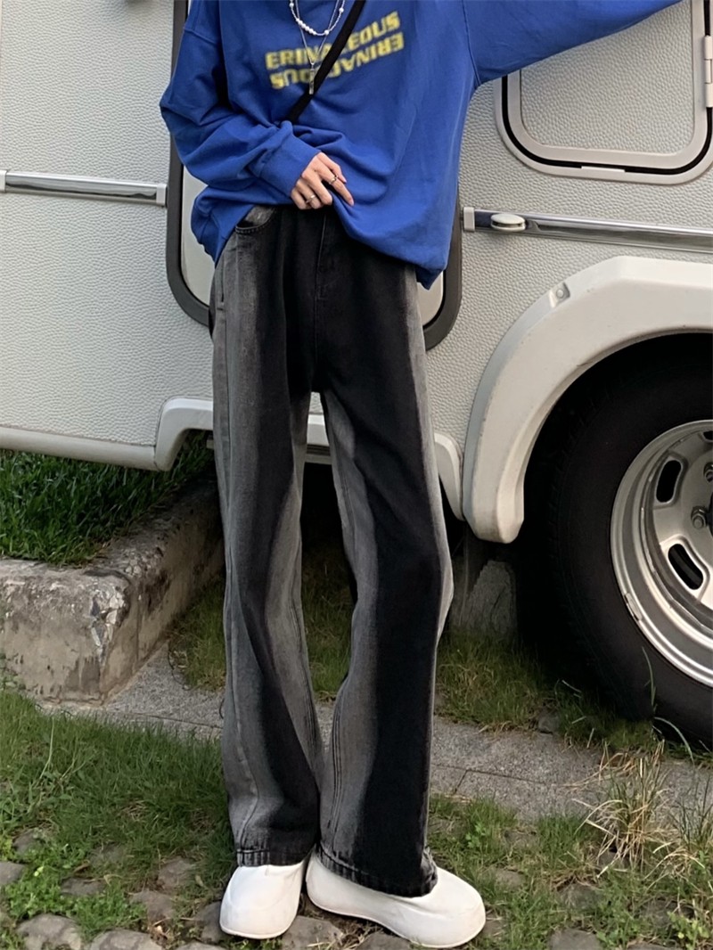 AT 小众扎染撞色水洗牛仔裤男四季韩版ins街头拼色宽松阔腿直筒裤