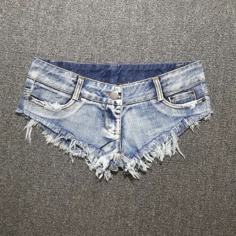 酒吧夜店性感超短裤破洞毛边三角牛仔小短裤烟灰色超低腰热裤夏新