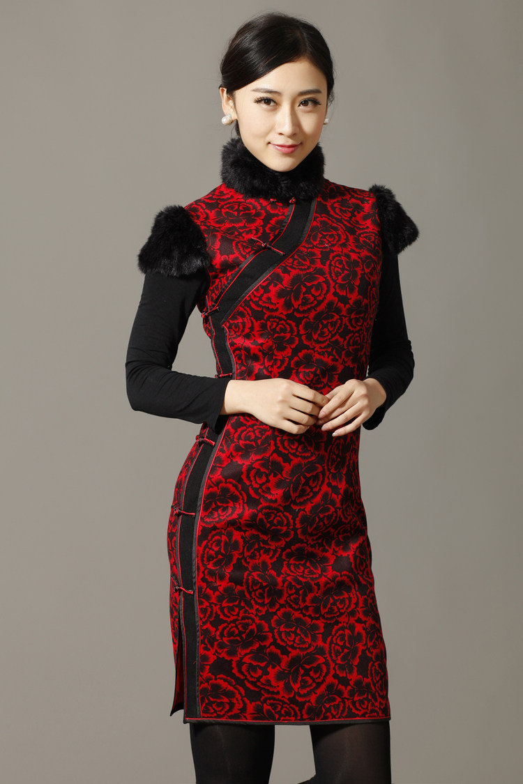 旗袍中国国风古典中式改良时尚毛领冬季新年旗袍