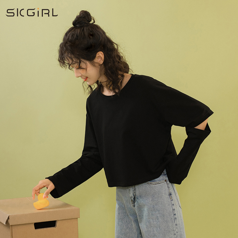 镂空长袖T恤女2021早秋季新款个性设计感小众上衣学生潮纯黑色ins