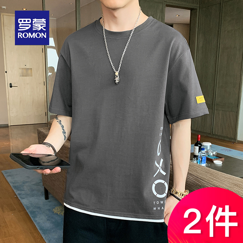 罗蒙短袖T恤男夏季新款男士圆领宽松纯棉冰丝体恤休闲印花上衣t