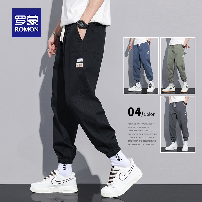 罗蒙男士哈伦休闲裤夏季薄款宽松束脚潮流运动九分工装冰丝长裤子