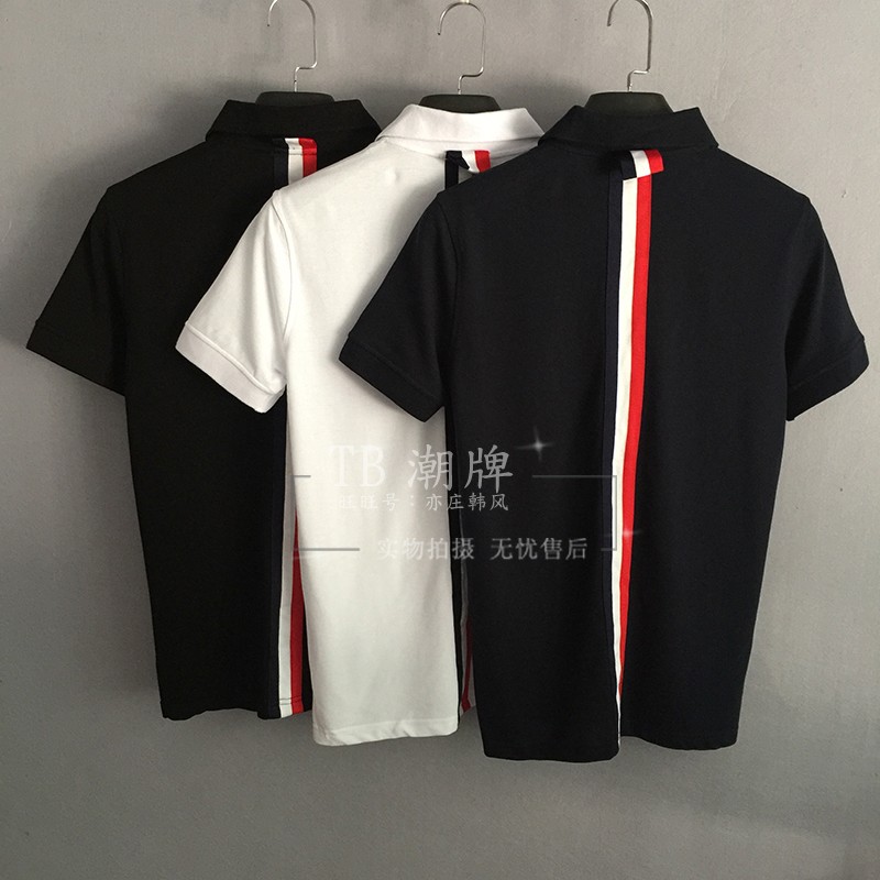 欧洲站TB背后织带纯棉网红翻领短袖polo衫男女情侣款潮流T恤潮牌