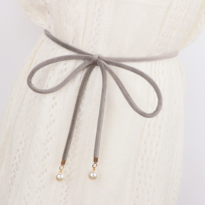 细腰时尚甜美女士打结腰带绒布珍珠装饰裙子腰带