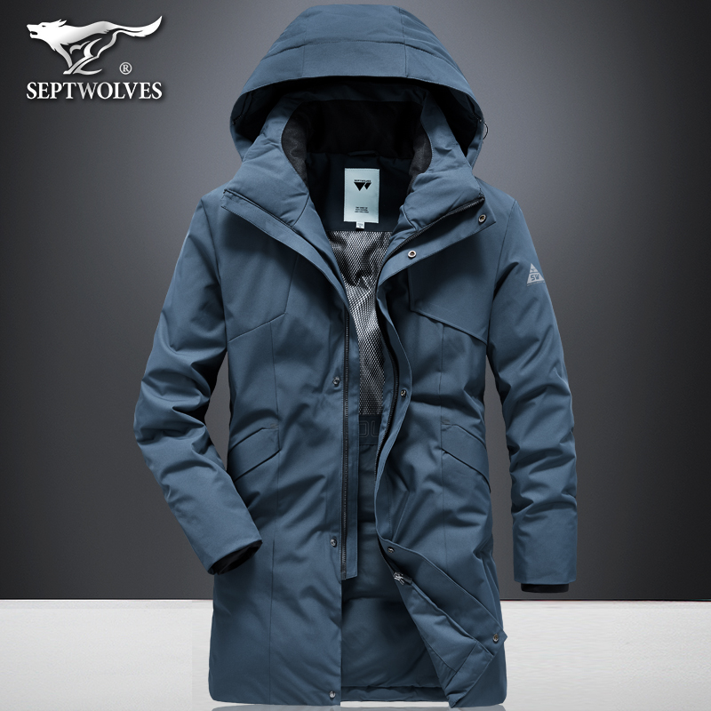 七匹狼鹅绒羽绒服男中长款加厚冬季保暖外套带帽多袋工装上衣服潮