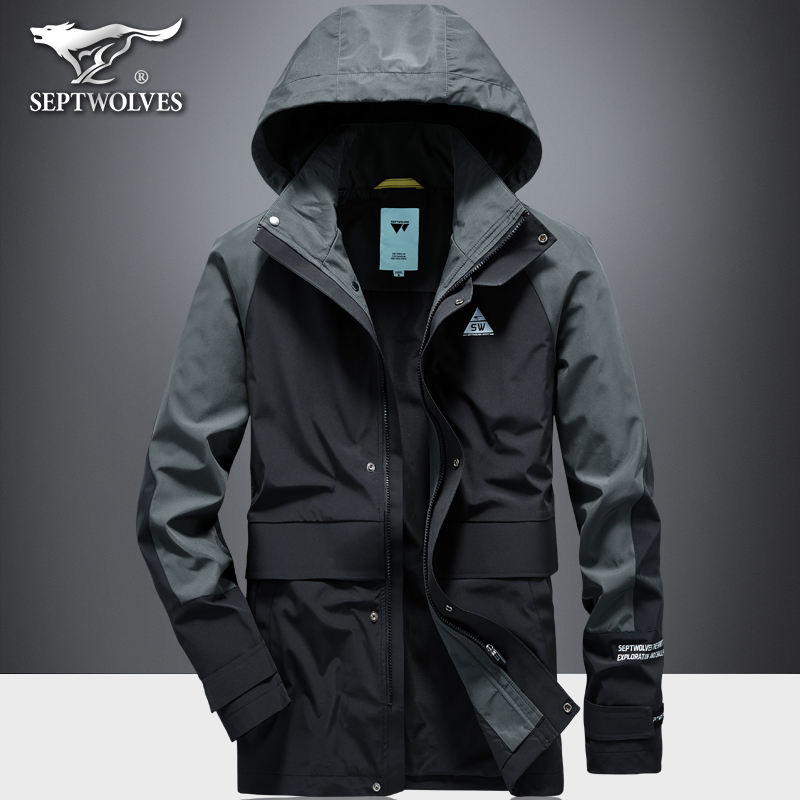 七匹狼春季风衣男中长款带帽运动夹克外套春秋装多袋机能风上衣潮