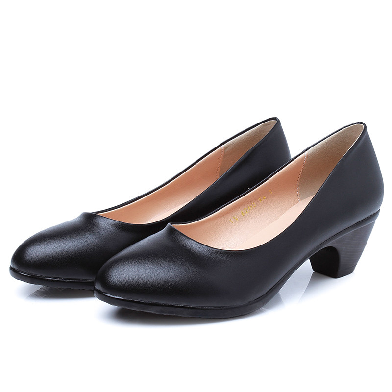 面试职业正装女鞋黑色中跟商务女士皮鞋春秋上班工作鞋女单鞋粗跟