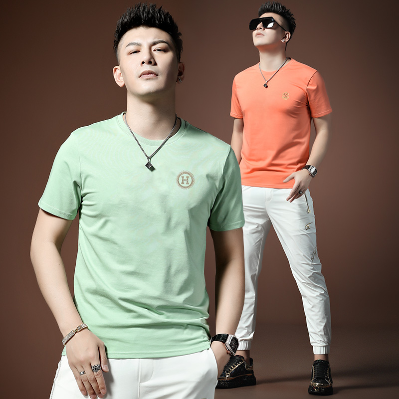 2件】欧洲站丝光棉短袖t恤男士潮流2021夏季简约修身多色打底衫男