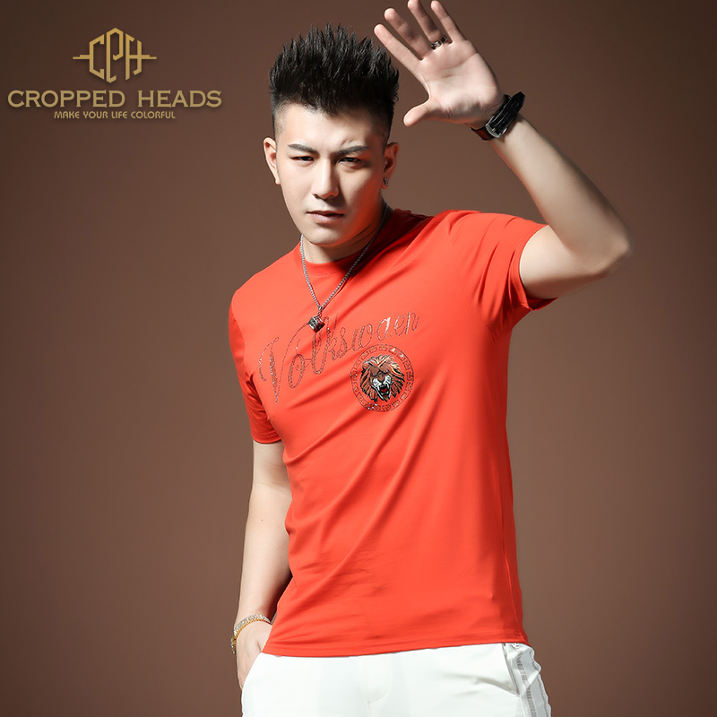欧洲站冰感橙色烫钻短袖T恤男士潮牌潮流2021年夏季新款半袖体恤