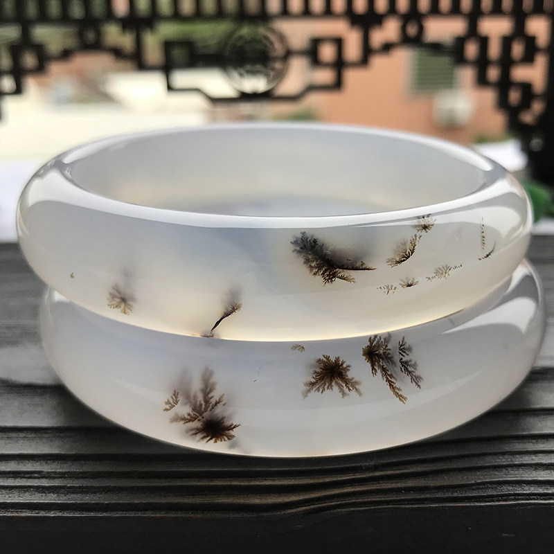 天然巴西玛瑙水草花顶花玉髓手镯白冰种马料海洋镯子女款一物一图