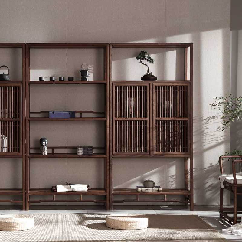 新中式胡桃收藏置物架收纳书柜书架实木书房禅意单个书柜