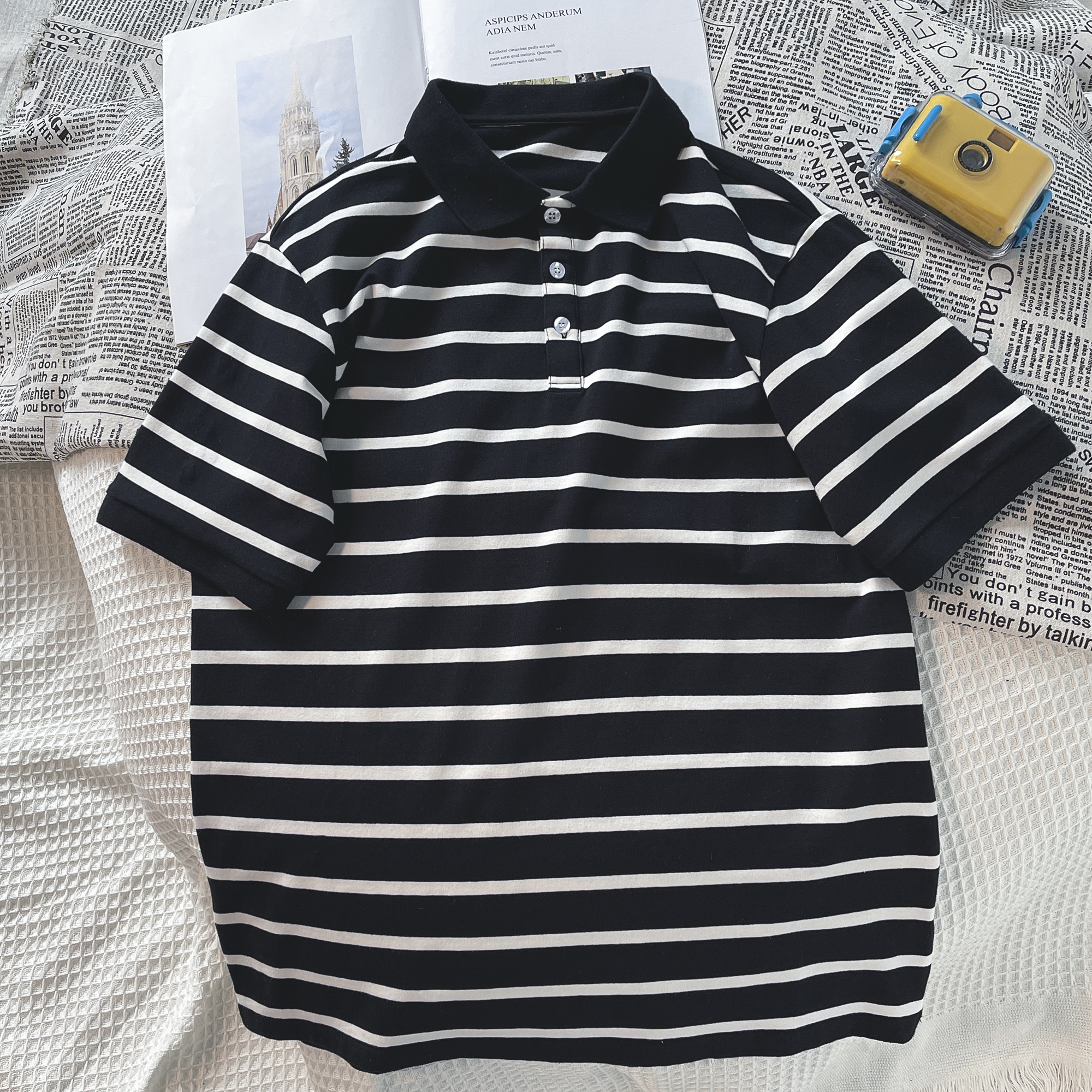 夏季男士短袖衣服潮牌黑白条纹polo半袖宽松polo衫