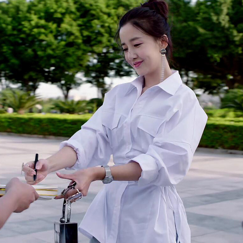 青春长袖纯棉绑带收腰高端白色同款衬衫抛物线衬衫