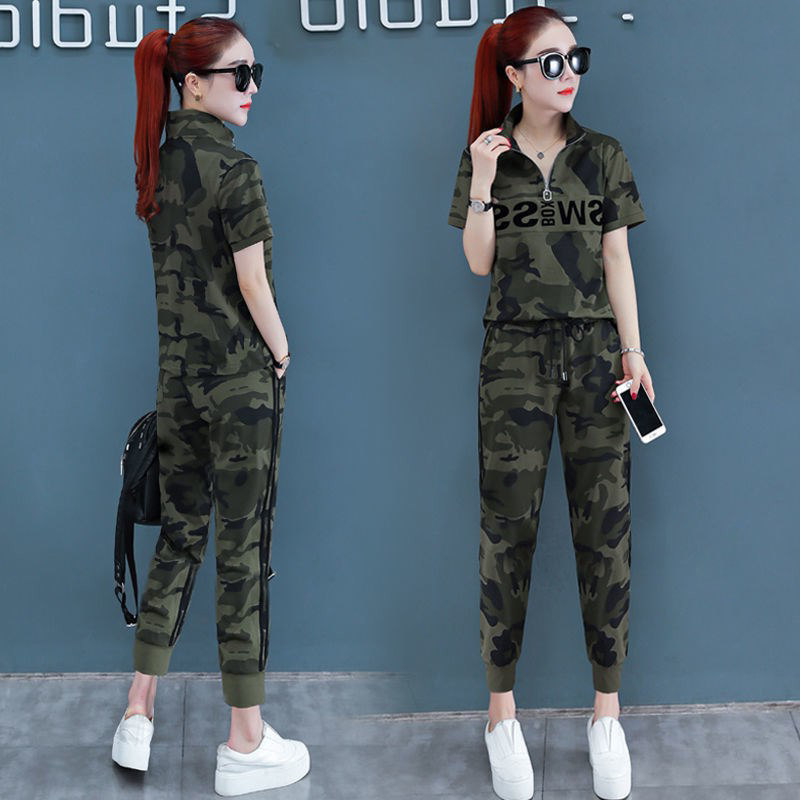 套装迷彩服夏季2022新款纯棉九分裤韩版时尚运动休闲休闲运动套装