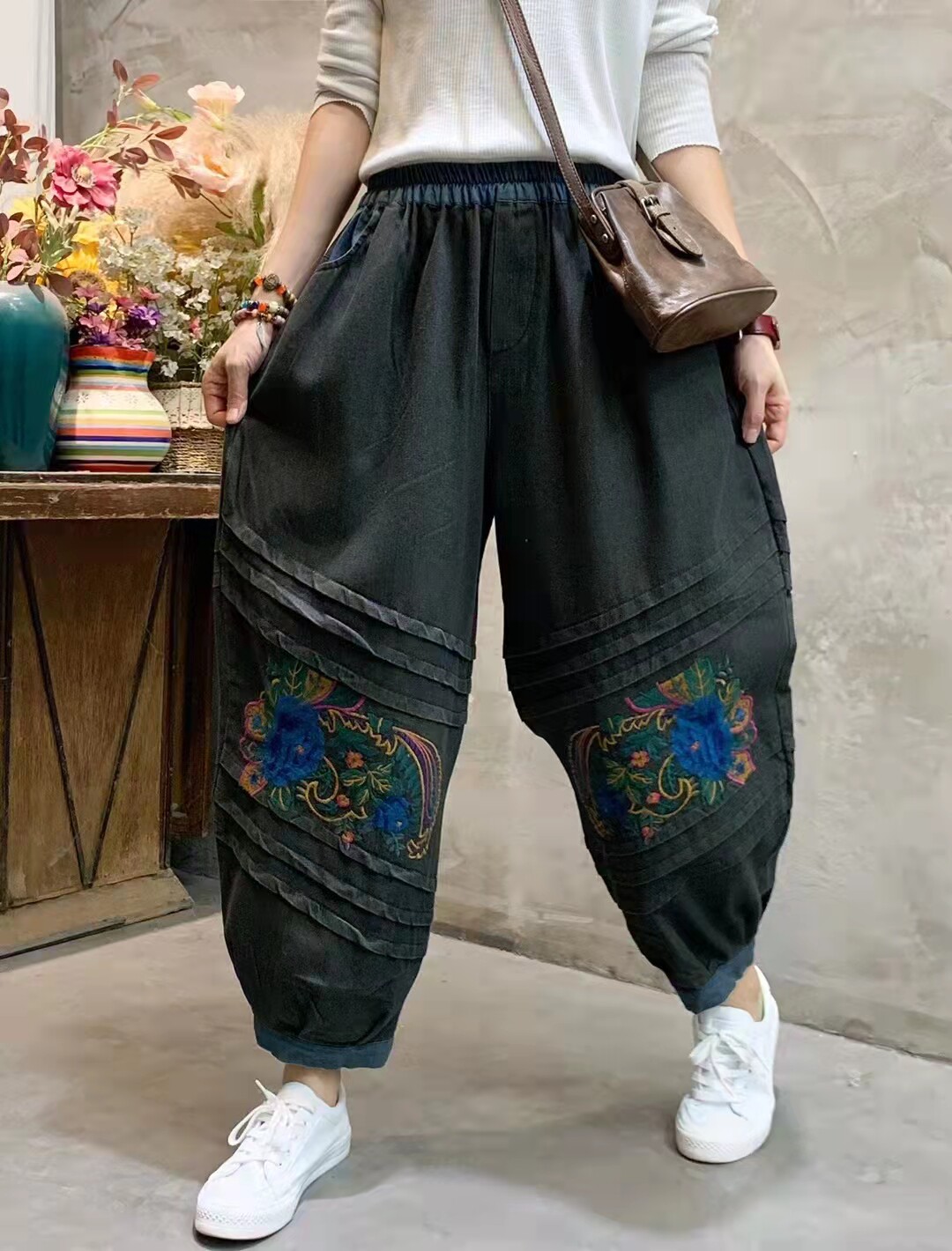 带花牛仔裤秋冬新款重工刺绣宽松松显复古民族风牛仔裤