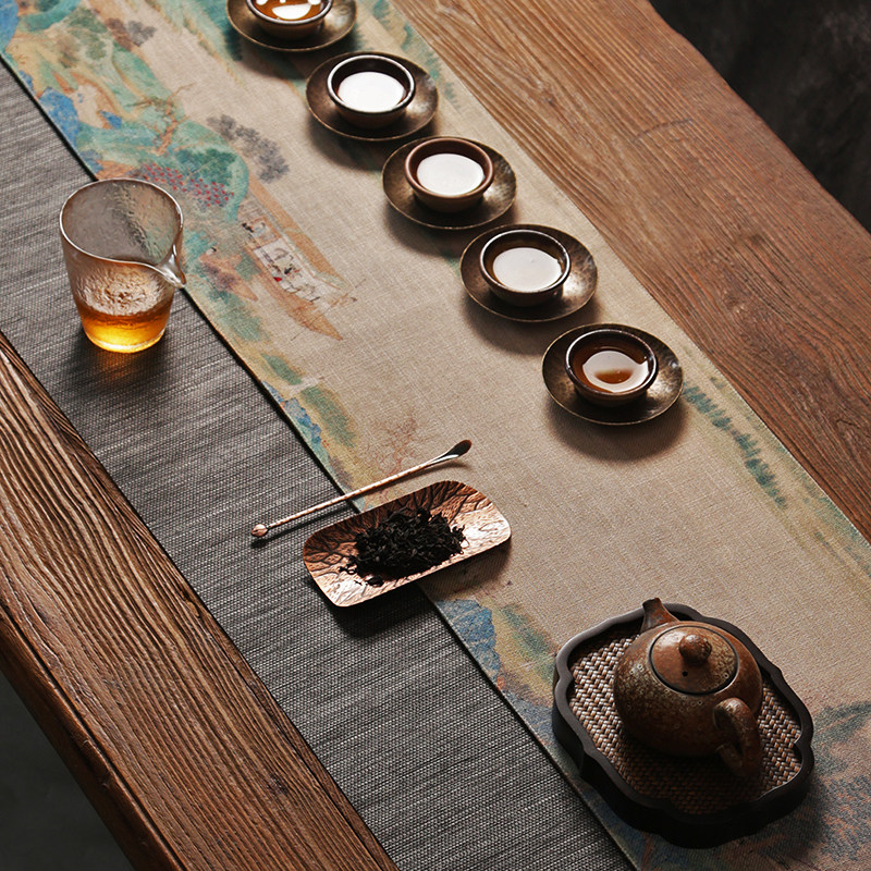 棉麻布艺茶席禅意干泡中式桌旗茶道千里江山图茶桌茶巾垫子泡茶布