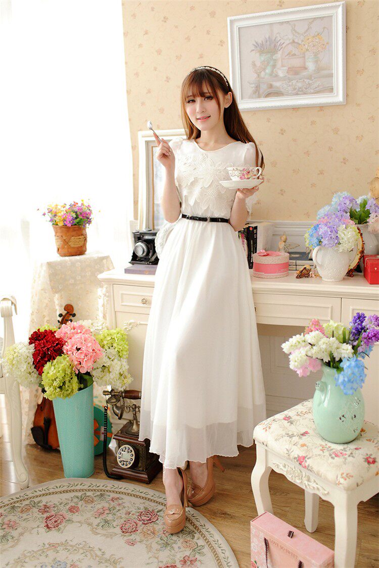 蕾丝雪纺连衣裙2022气质白色森系仙女女超长裙连衣裙