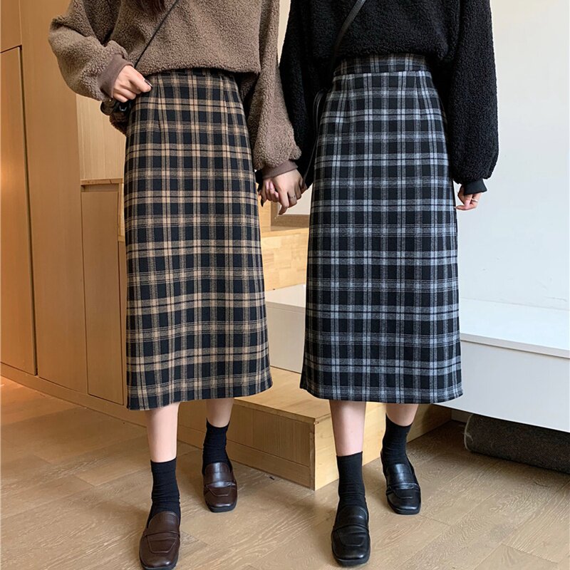 半身mm大码毛呢格子长裙高腰显瘦包裙女秋冬半身裙