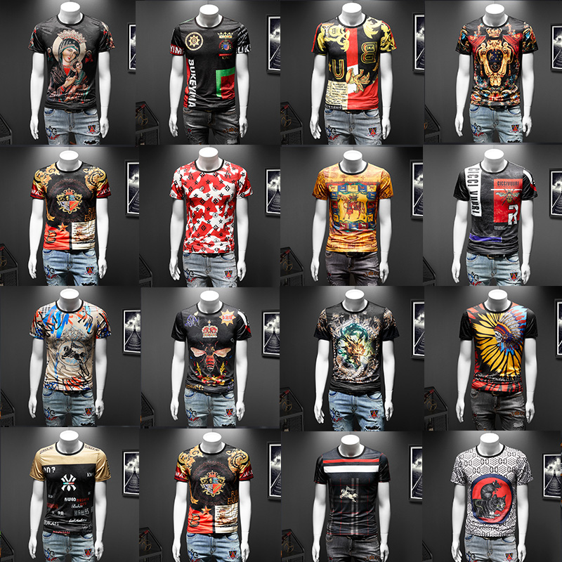 欧洲站男数码图案短袖印花冰丝T恤潮牌休闲潮流圆领夏季时尚体恤