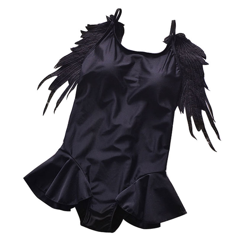 韩国黑色绑带天使翅膀泳衣女连体小胸聚拢遮肚显瘦性感露背泳衣女